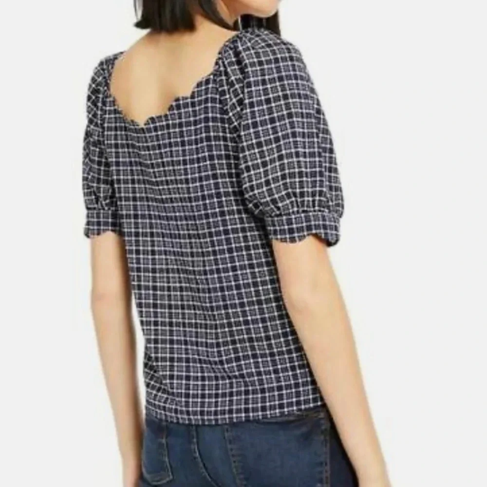 Puff Sleeve Check Plaid Scalloped Neckline Size XL Petite Checkered